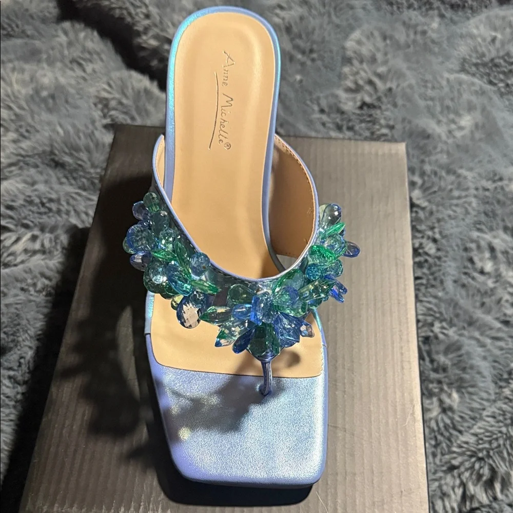 Anne Michelle Elegant Blue Heels with Green Embellishments - Picture 4 of 6
